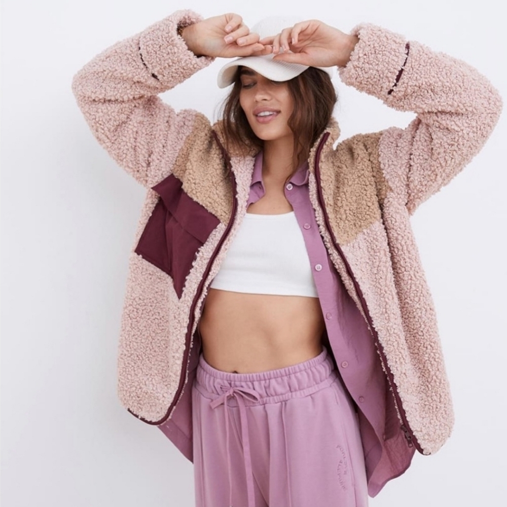 ForLove And Lemons Patchwork Sherpa Full Zip Colorblock Jacket Pink Beige SZ XS - Picture 5 of 17